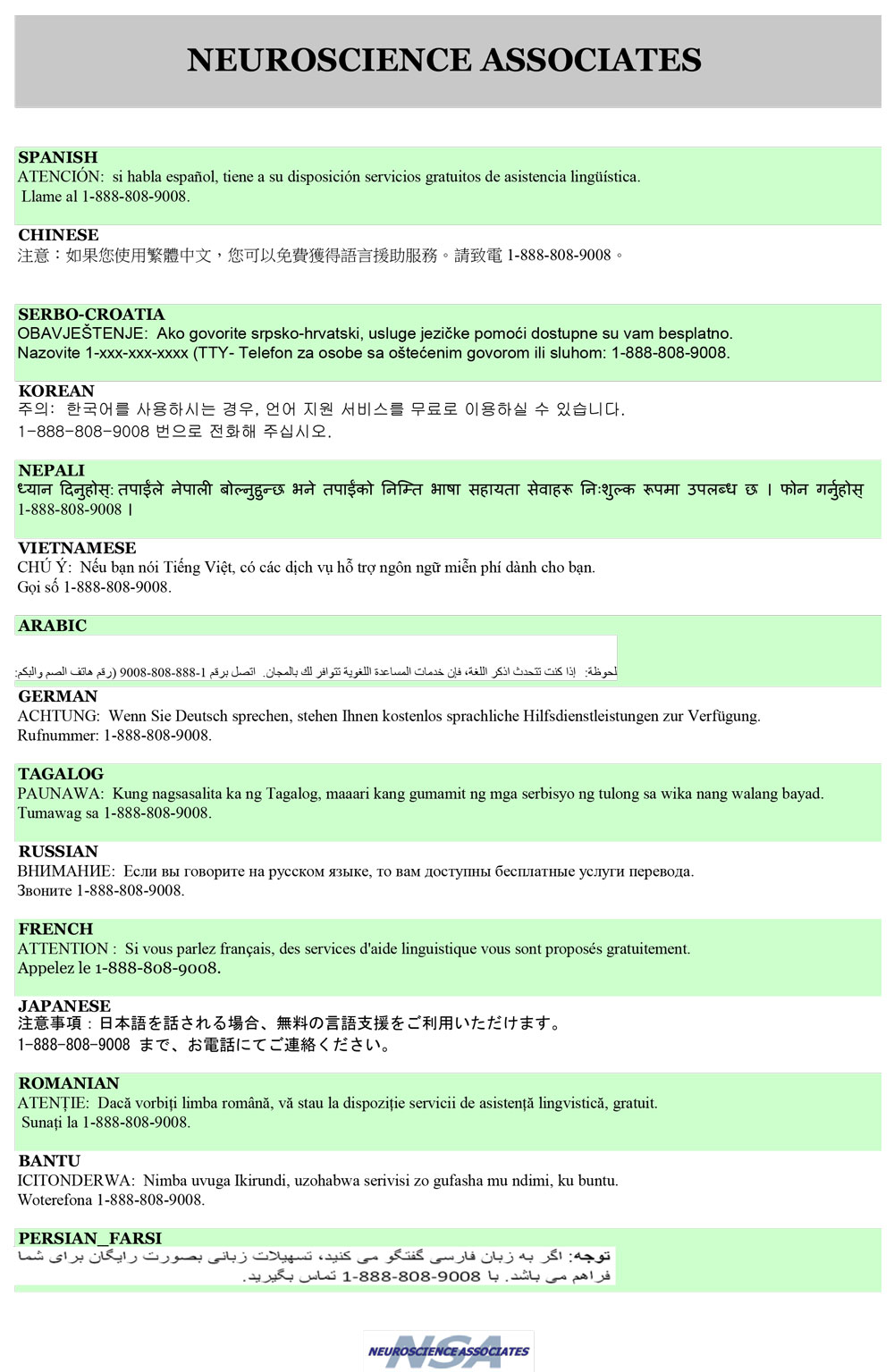 Alternate Language contact numbers for Neuroscience Associates